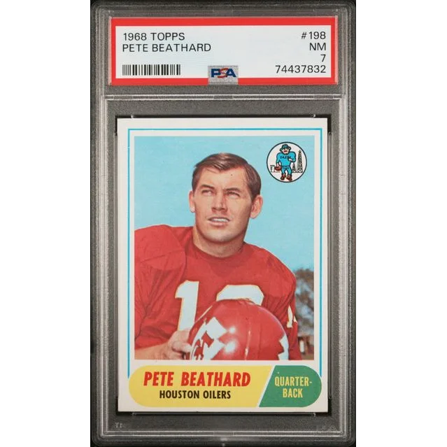 A graded 1968 Topps Pete Beathard football card in PSA Gem condition