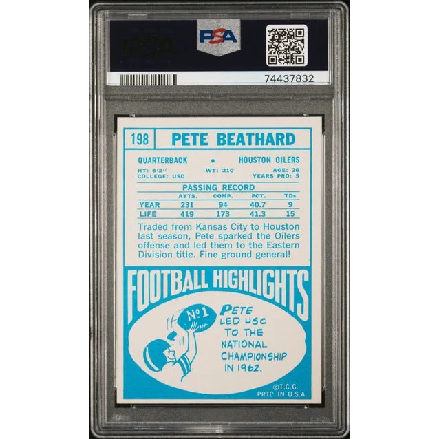 Graded 1968 Topps Pete Beathard #198 Football Card PSA 7 Near Mint | PSA 7 NM Graded Vintage Football Card | vintageantiquesgifts.com
