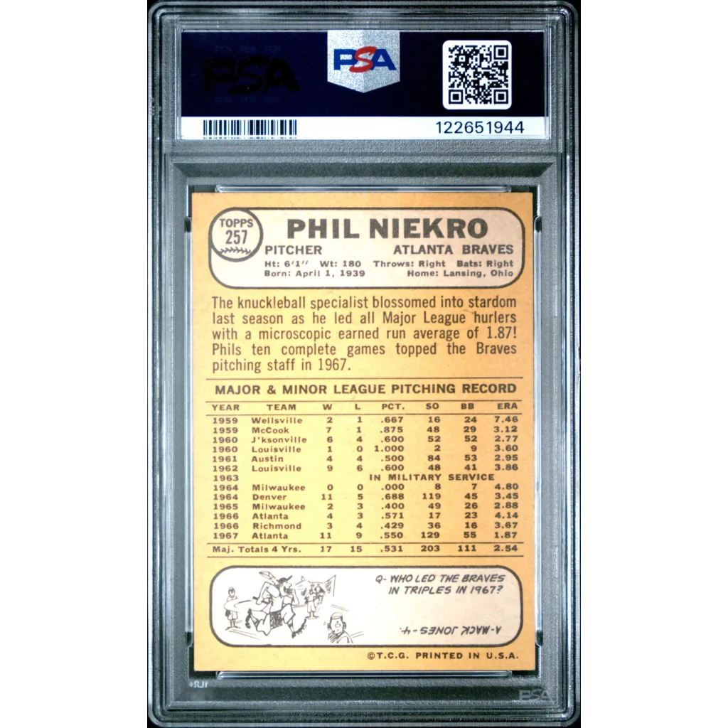 Graded 1968 Topps Phil Niekro #257 Baseball Card PSA 5 Excellent | PSA 5 EX Graded Vintage Baseball Card | vintageantiquesgifts.com