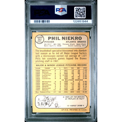 Graded 1968 Topps Phil Niekro #257 Baseball Card PSA 5 Excellent | PSA 5 EX Graded Vintage Baseball Card | vintageantiquesgifts.com