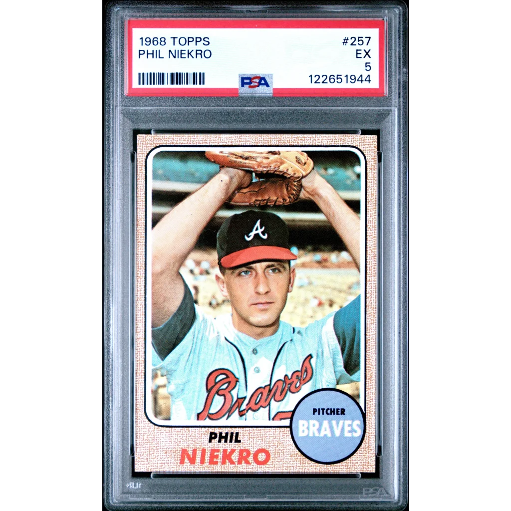 Graded 1968 Topps Phil Niekro #257 Baseball Card PSA 5 Excellent | Hall of Fame Sports Memorabilia | vintageantiquesgifts.com