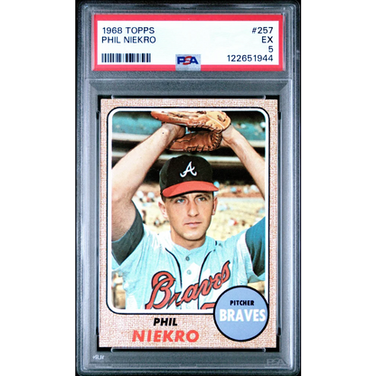 Graded 1968 Topps Phil Niekro #257 Baseball Card PSA 5 Excellent | Hall of Fame Sports Memorabilia | vintageantiquesgifts.com