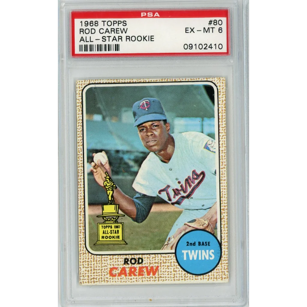 Graded 1968 Topps Rod Carew All-Star Rookie Baseball Card in PSA case