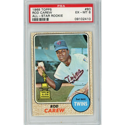 Graded 1968 Topps Rod Carew All-Star Rookie Baseball Card in PSA case