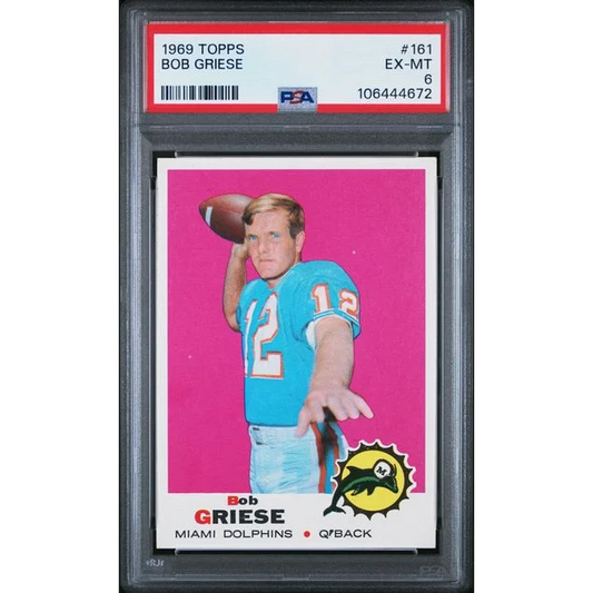PSA graded 1969 Topps Bob Griese Miami Dolphins football card on pink background