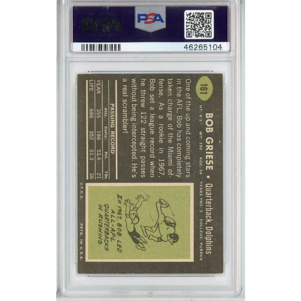 Graded 1969 Topps Bob Griese #161 Football Card PSA 8 NM-MT | PSA 8 NM-MT Graded Vintage Football Card | vintageantiquesgifts.com