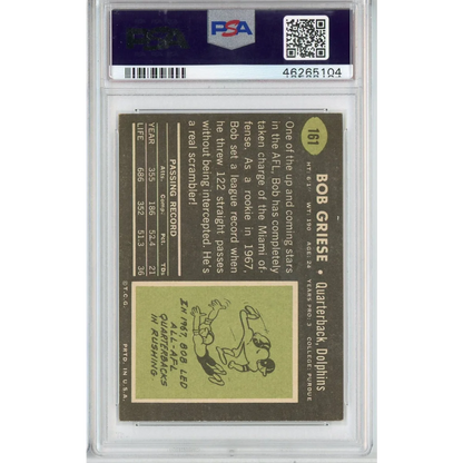 Graded 1969 Topps Bob Griese #161 Football Card PSA 8 NM-MT | PSA 8 NM-MT Graded Vintage Football Card | vintageantiquesgifts.com