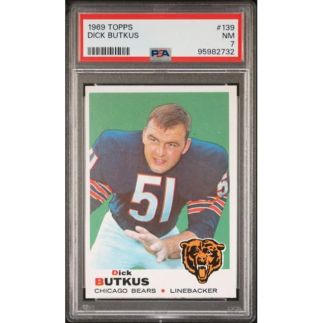 Graded 1969 Topps Dick Butkus football card number 139 PSA 7 NM condition