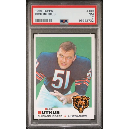 Graded 1969 Topps Dick Butkus football card number 139 PSA 7 NM condition