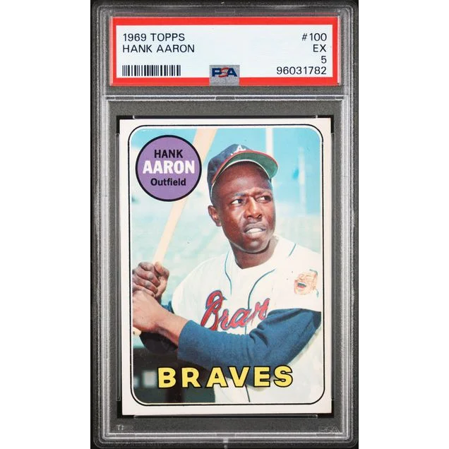 Graded 1969 Topps Hank Aaron baseball card PSA in great condition for collectors