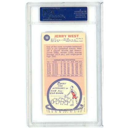 Vintage PSA Graded 1969 Topps Jerry West basketball card on display