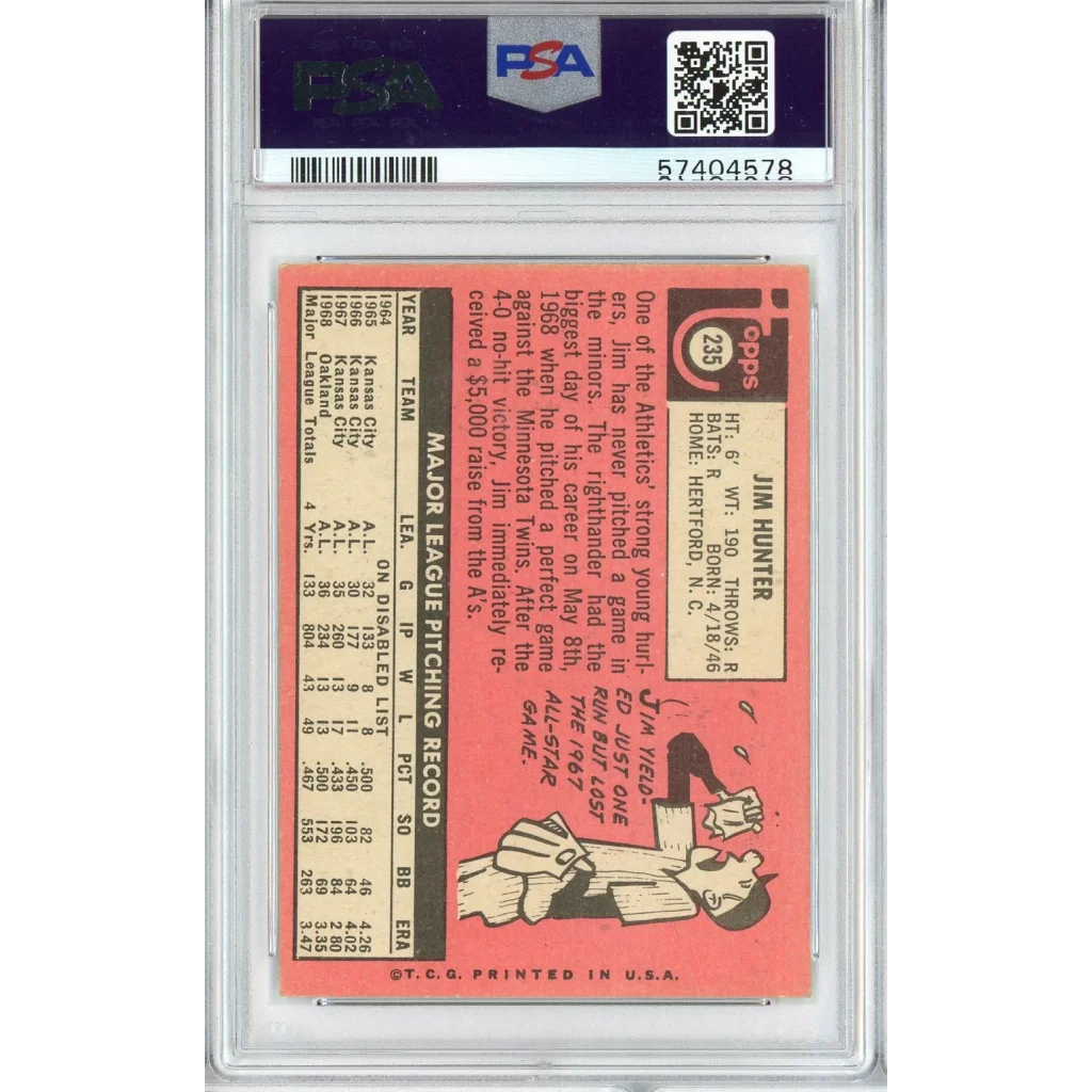 Graded 1968 Topps Jim Hunter baseball card in PSA VG EX 4 condition