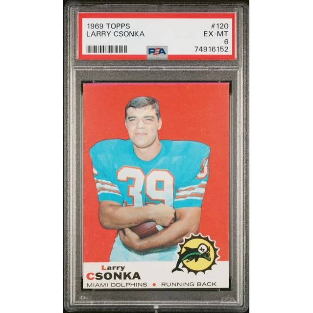 A graded 1969 Topps Larry Csonka football card in PSA Gem condition