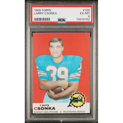 A graded 1969 Topps Larry Csonka football card in PSA Gem condition