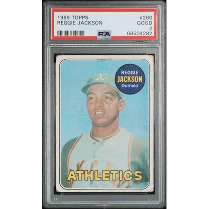PSA graded 1969 Topps Reggie Jackson card GOOD 2, classic Reggie Jackson sports card