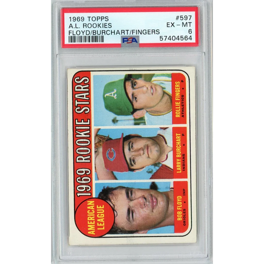 Graded 1969 Topps Rollie Fingers #597 Rookie RC Baseball Card PSA 6 EX-MT | Hall of Fame Sports Memorabilia | vintageantiquesgifts.com