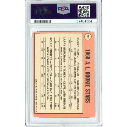 Graded 1969 Topps Rollie Fingers Rookie Card PSA EX-MT 6 on display