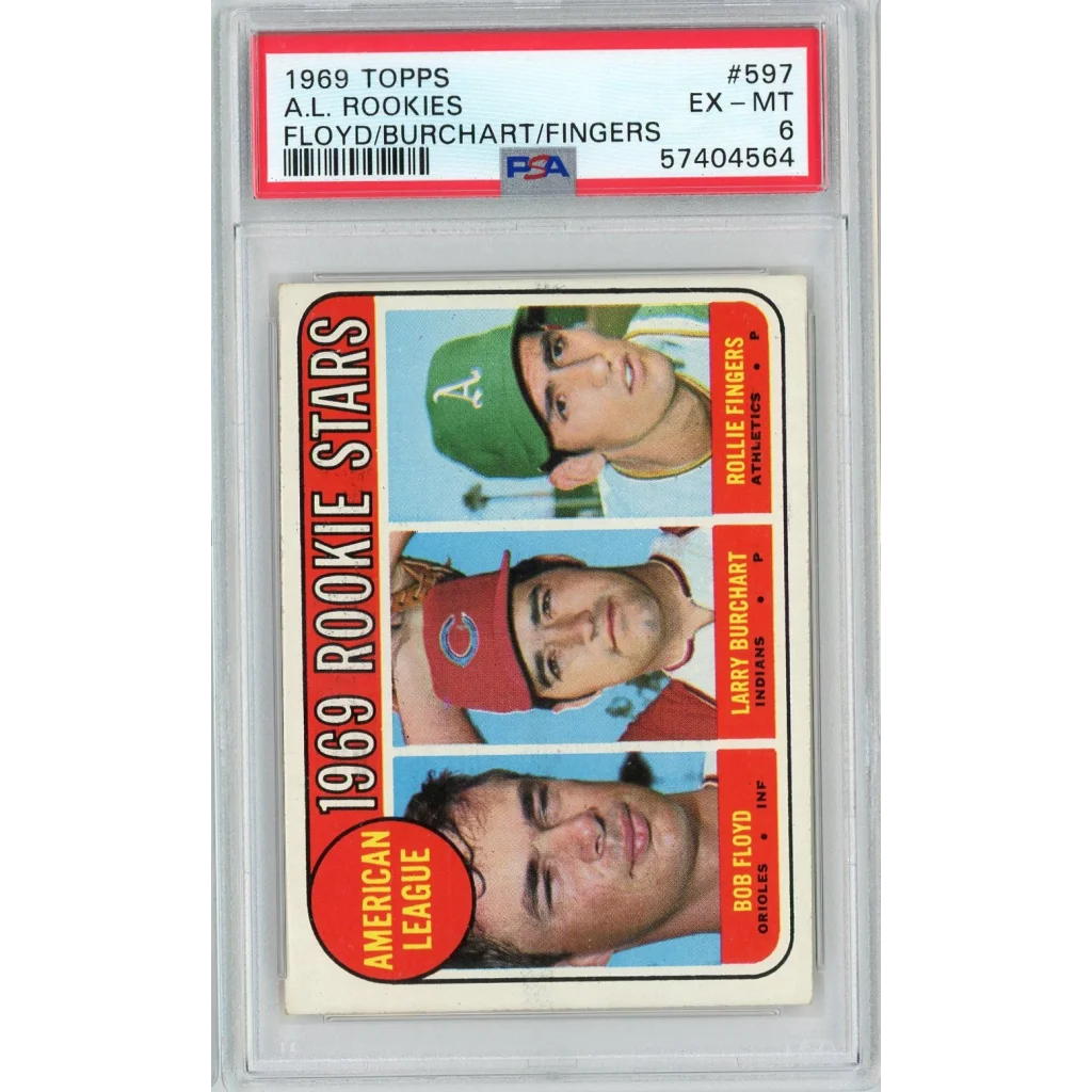1969 Topps Rollie Fingers Rookie Card PSA EX-MT 6 featuring three AL rookie stars