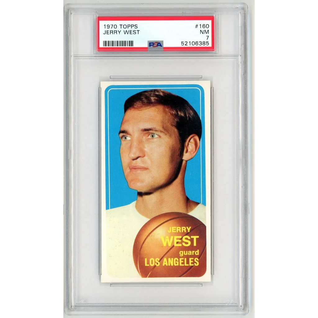 Encapsulated 1970 Topps Jerry West basketball card graded NM 7 by PSA