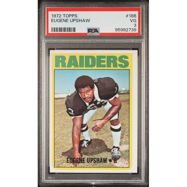 A 1972 Topps Eugene Upshaw football card graded VG 3.