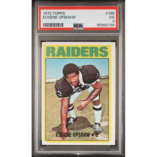 A 1972 Topps Eugene Upshaw football card graded VG 3.