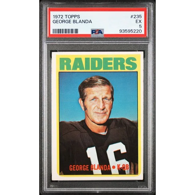 A graded 1972 Topps George Blanda football card in PSA slab for collectors