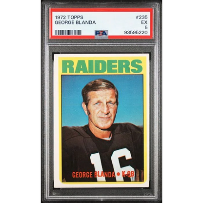 A graded 1972 Topps George Blanda football card in PSA slab for collectors