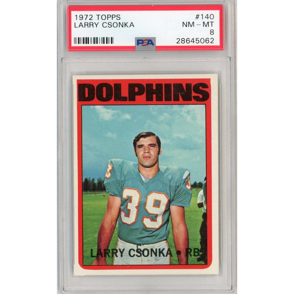 Graded 1972 Topps Larry Csonka football card NM-MT 8 in product PSA graded card display