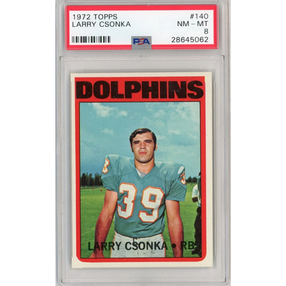 Graded 1972 Topps Larry Csonka football card NM-MT 8 in product PSA graded card display