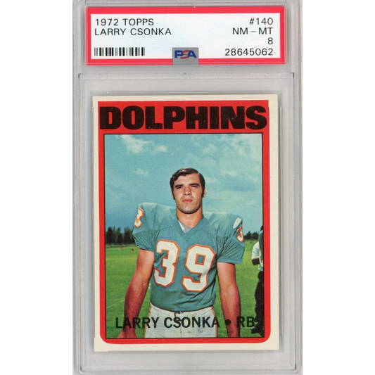 Graded 1972 Topps Larry Csonka football card NM-MT 8 in product PSA graded card display
