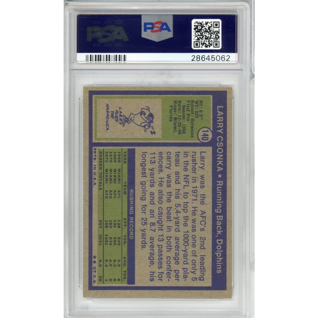 A graded 1972 Topps Larry Csonka football card in a slab, NM MT 8 grade