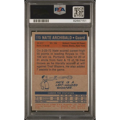 Back of a graded 1972 Topps Nate Archibald basketball card showing PSA label