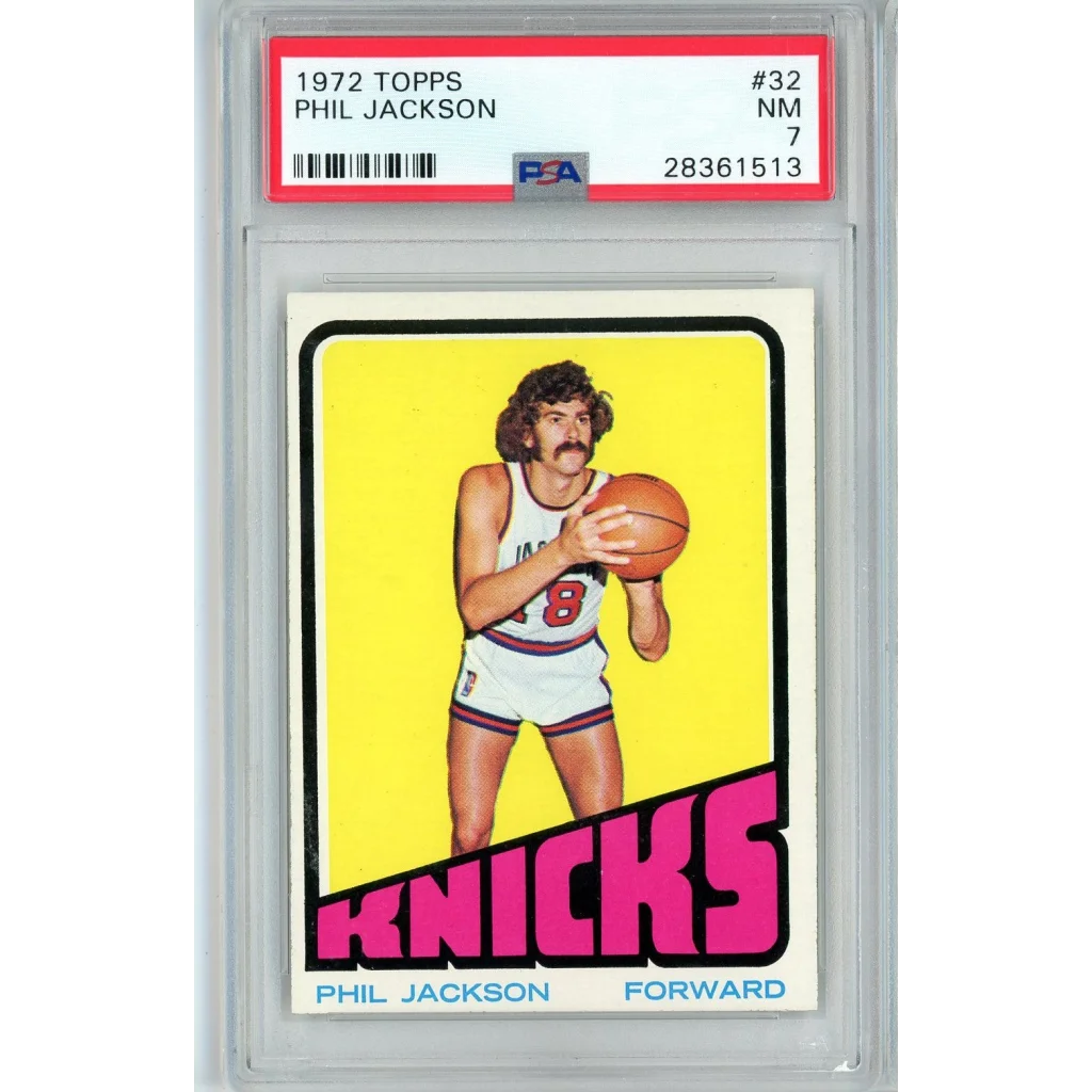 A 1972 Topps Phil Jackson basketball card graded PSA NM 7 displayed in product listing