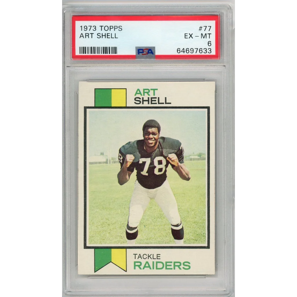 Close-up of a 1973 Topps Art Shell football card graded PSA EX-MT 6