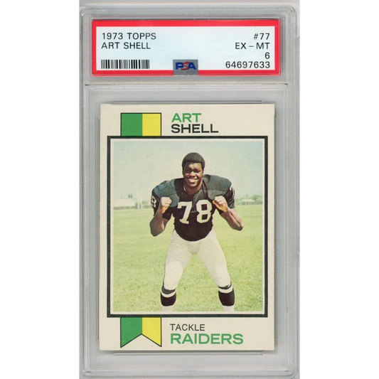 Close-up of a 1973 Topps Art Shell football card graded PSA EX-MT 6