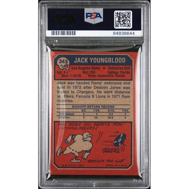 Graded 1973 Topps Jack Youngblood #343 Rookie RC Football Card PSA 5 Excellent | PSA 5 EX Graded Rookie Card | vintageantiquesgifts.com