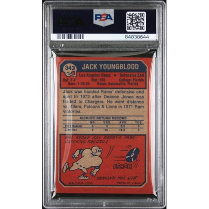 Graded 1973 Topps Jack Youngblood #343 Rookie RC Football Card PSA 5 Excellent | PSA 5 EX Graded Rookie Card | vintageantiquesgifts.com