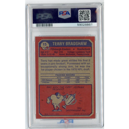 Graded 1973 Topps Terry Bradshaw #15 Football Card PSA 7 Near Mint | PSA 7 NM Graded Vintage Football Card | vintageantiquesgifts.com