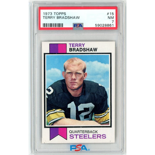 Graded 1973 Topps Terry Bradshaw football card in PSA holder for collectors
