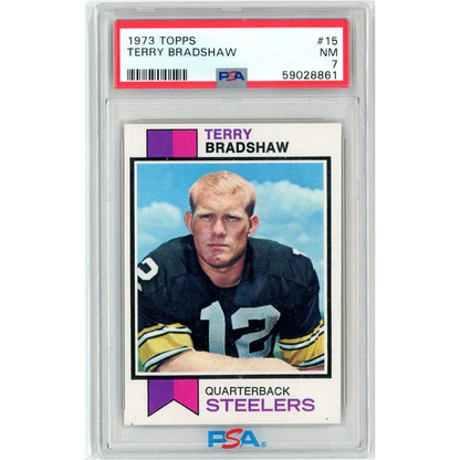 Graded 1973 Topps Terry Bradshaw #15 Football Card PSA 7 Near Mint | Hall of Fame Sports Memorabilia | vintageantiquesgifts.com