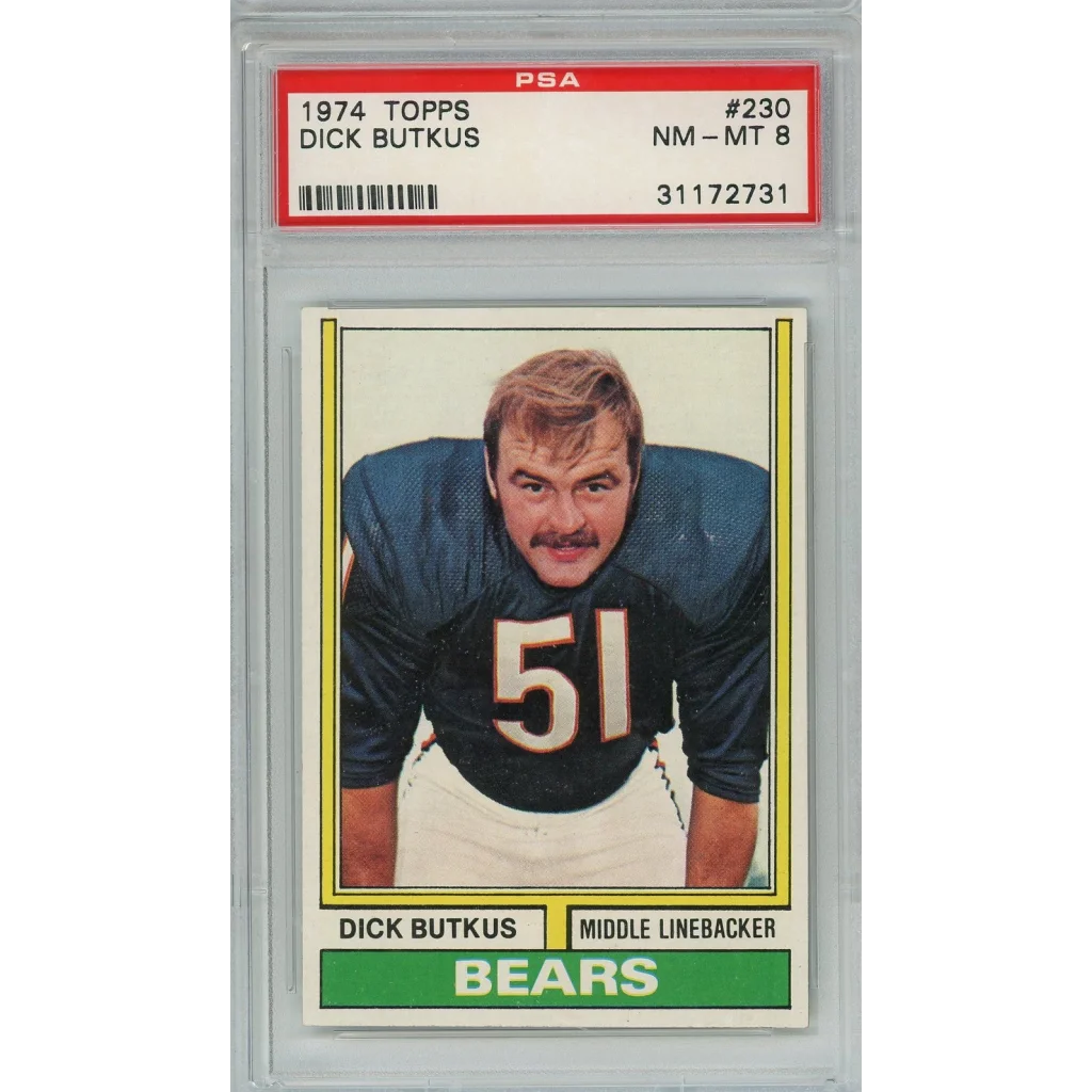 PSA graded 1974 Dick Butkus football card in dark blue jersey collectible