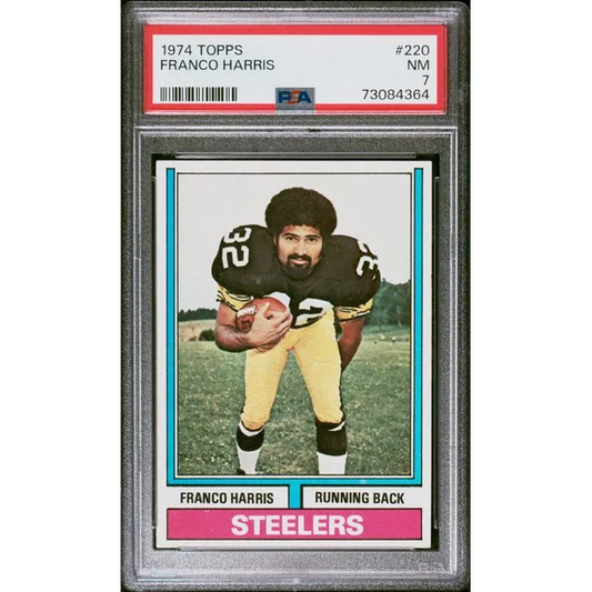 Graded 1974 Topps Franco Harris #220 2nd Year Football Card PSA 7 Near Mint | Hall of Fame Sports Memorabilia | vintageantiquesgifts.com