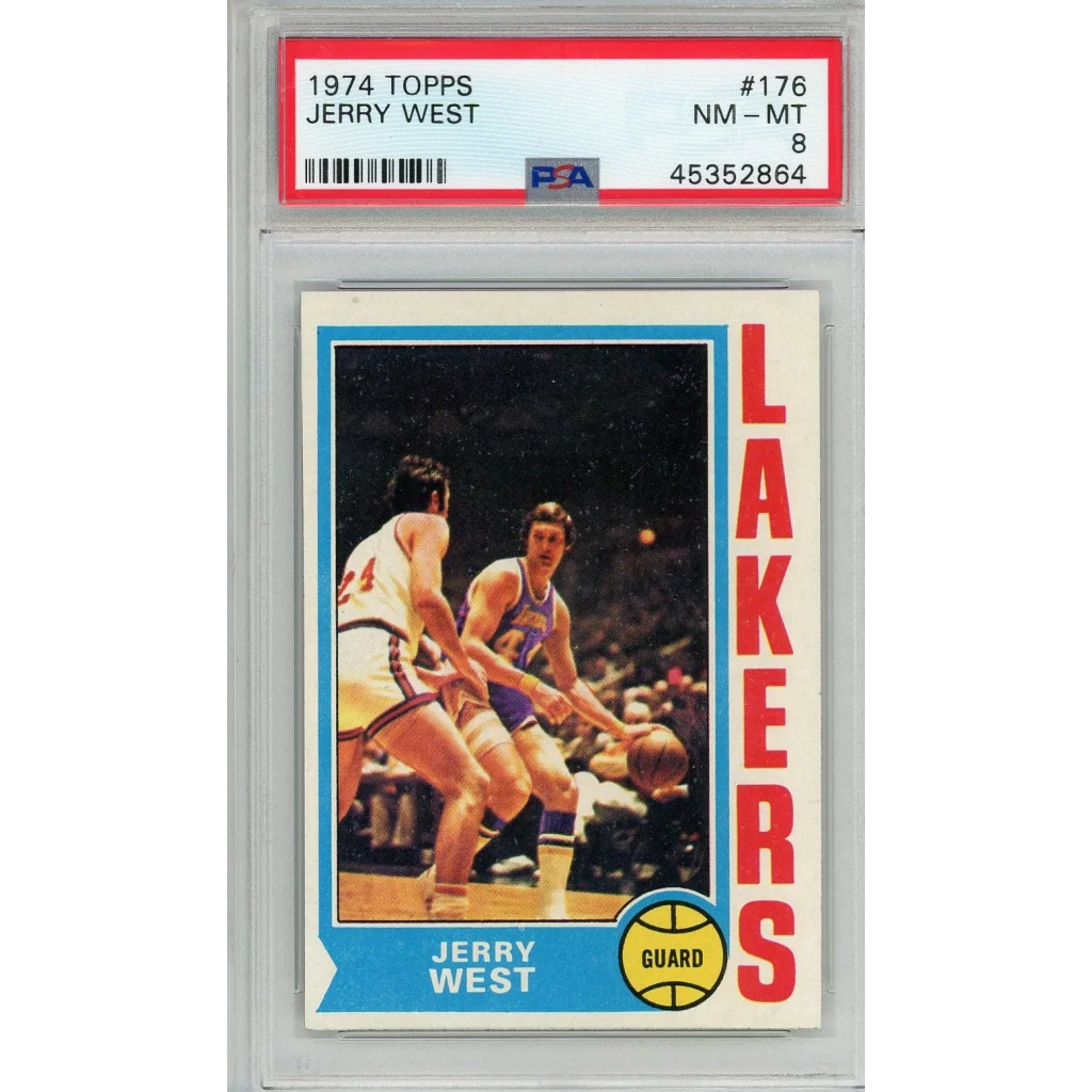 A 1974 Topps Jerry West basketball card graded NM-MT 8 in PSA holder