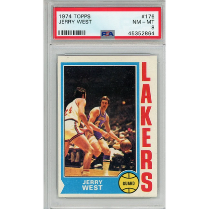 A 1974 Topps Jerry West basketball card graded NM-MT 8 in PSA holder