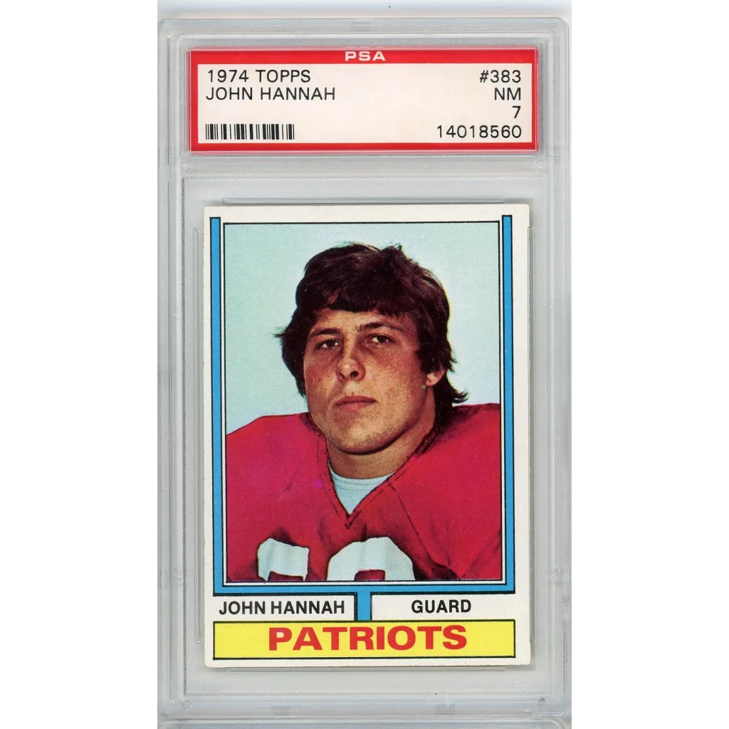Mint 1974 Topps John Hannah PSA 7 graded football card displayed