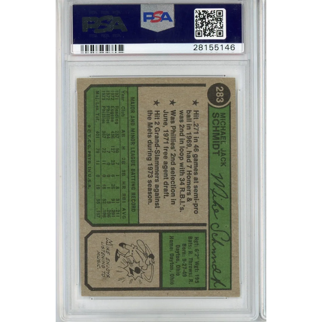 Graded 1974 Topps Mike Schmidt #283 2nd Year Baseball Card PSA 7 NM | PSA 7 NM Graded Vintage Baseball Card | vintageantiquesgifts.com