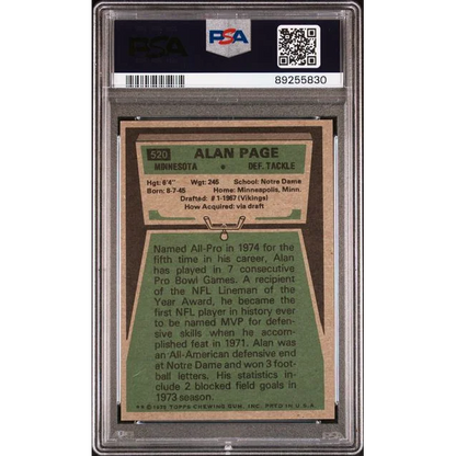 PSA Mint 9 graded 1975 Topps Alan Page football card for collectors