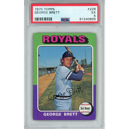Close-up of PSA graded 1975 Topps George Brett rookie baseball card