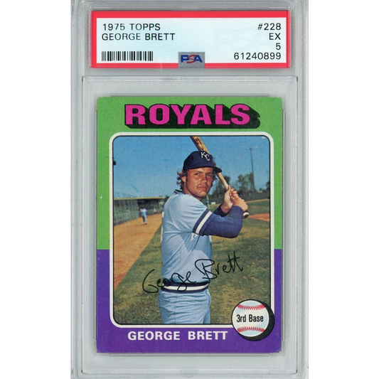Close-up of PSA graded 1975 Topps George Brett rookie baseball card