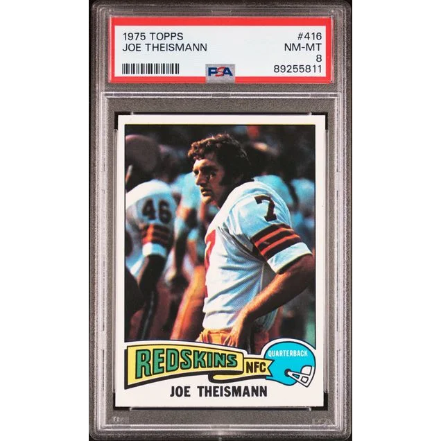 Vintage 1975 Joe Theismann football card graded NM-MT 8 by PSA, a pro sports collectible